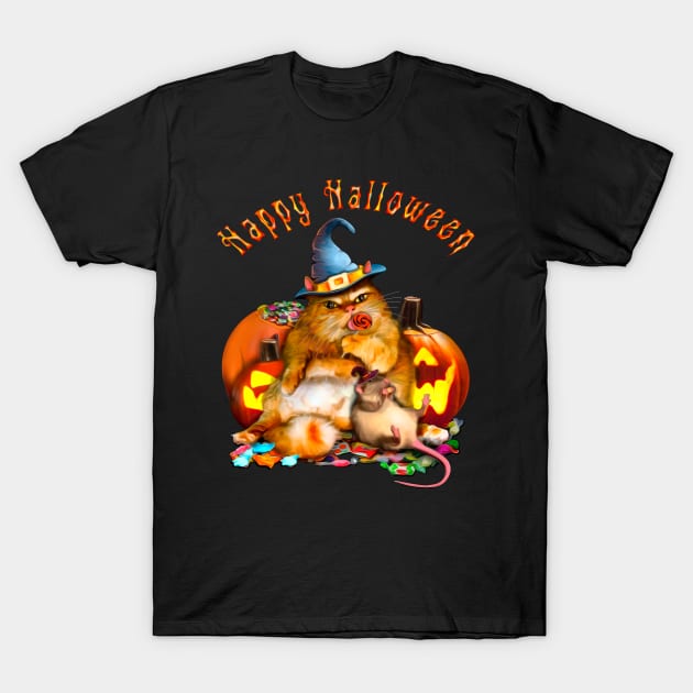 Happy Halloween Cat and Rat are eating sweets among pumpkins T-Shirt by SafSafStore